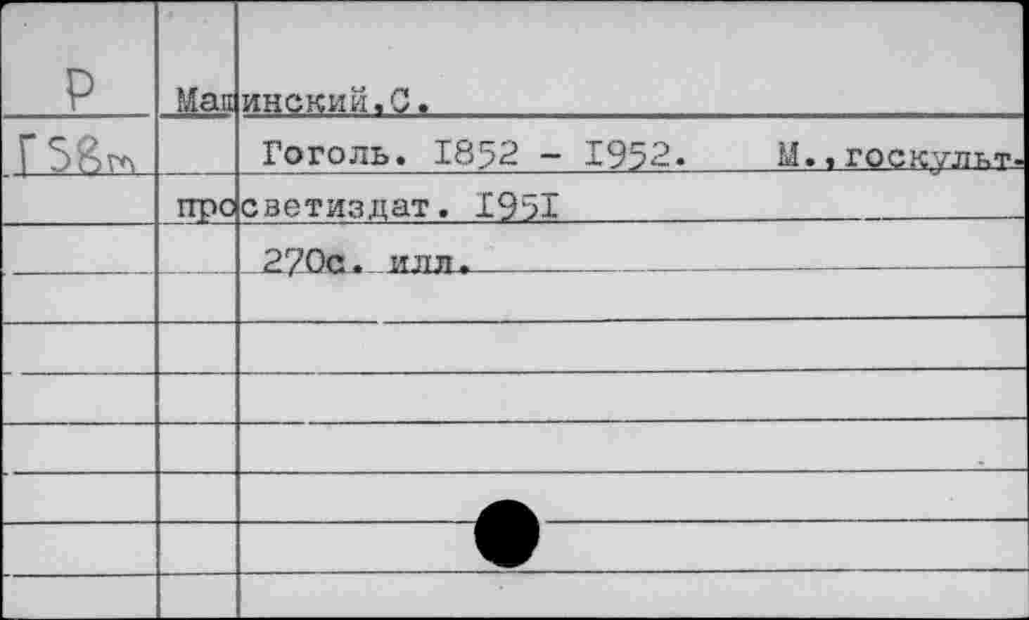 ﻿г	 P	Mau	инский.С.
Г5Йгл		Гоголь. 1852 - 1952.	М., госкулкт-
	пре	светиздат. 1951
		2?0с. илтт.	_	... —
		
		
		
		X.
		
		
		